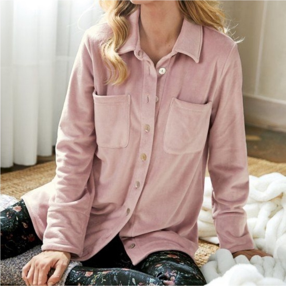 SOFT Surroundings The Old Softy Plush Velour Button Down Shirt Shacket Sz PS